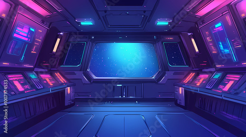 Futuristic spaceship interior with glass windows and bright lights. Spaceship Interior. Illustration