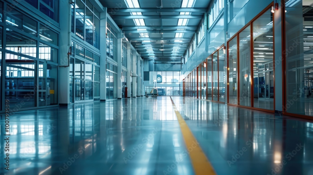 A state-of-the-art manufacturing facility producing sleek, energy-efficient plastic windows, with rows of shimmering glass panes and precision machinery A state-of-the-art manufacturing facility producing sleek, energy-efficient plastic windows, with rows of shimmering glass panes and precision machinery