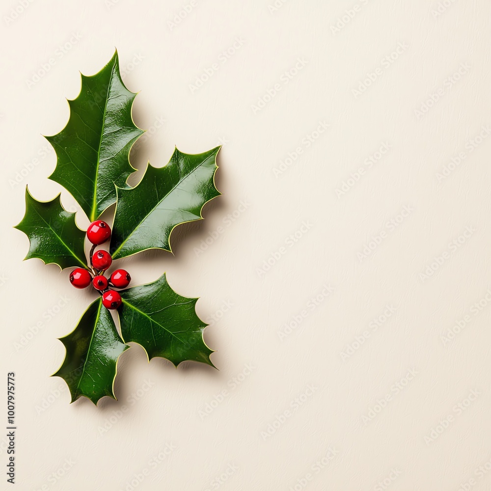 Minimalistic white Christmas card with a small green holly leaf, Plain holiday card, elegant design Minimalistic white Christmas card with a small green holly leaf, Plain holiday card, elegant design