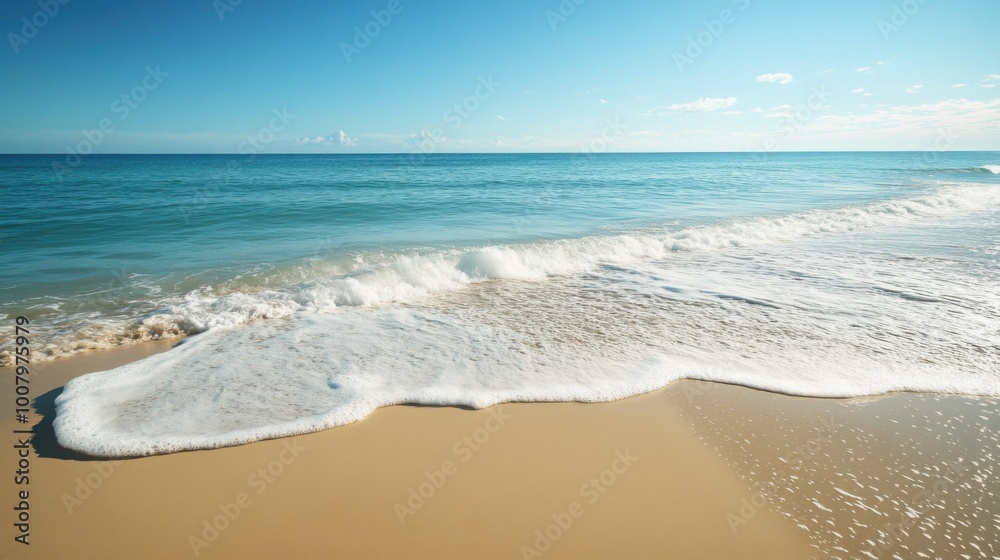 peaceful beach scene with gentle waves lapping at the shore, soft sand, and a clear blue sky peaceful beach scene with gentle waves lapping at the shore, soft sand, and a clear blue sky