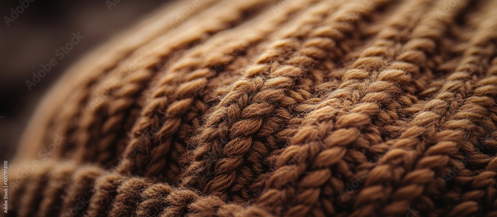 Close-up of brown knitted fabric with a soft texture and visible stitches. Close-up of brown knitted fabric with a soft texture and visible stitches.