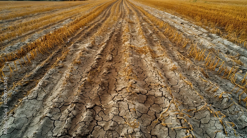 Fototapeta premium Parched and cracked agricultural field with visible plow lines stretching to distant horizon