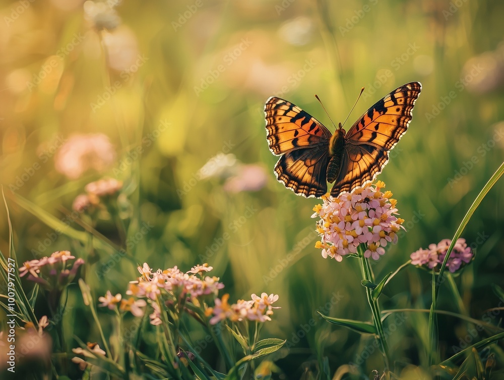 An orange and black butterfly resting on pink wildflowers in a sunlit meadow during golden hour. An orange and black butterfly resting on pink wildflowers in a sunlit meadow during golden hour.