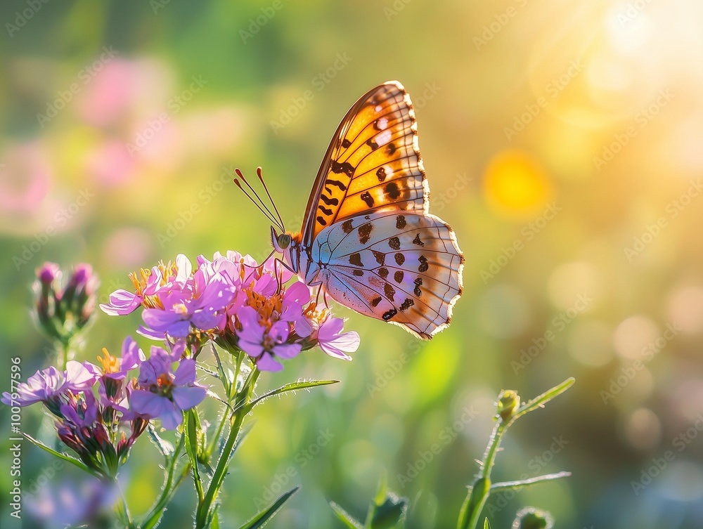 A vibrant orange and white butterfly feeding on pink wildflowers in a sunlit meadow during golden hour. A vibrant orange and white butterfly feeding on pink wildflowers in a sunlit meadow during golden hour.