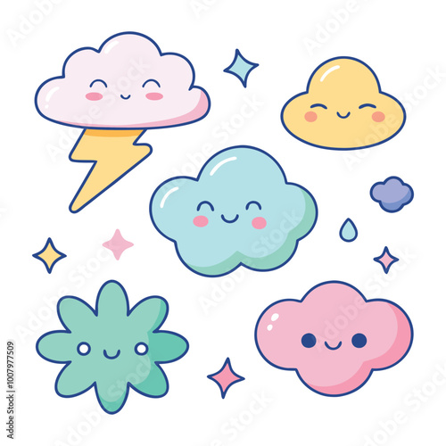 Funny kawaii clouds Cute cartoon sky and weather characters Hand drawn style