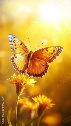 A vibrant orange butterfly perched on a yellow flower in a sunlit field during golden hour.