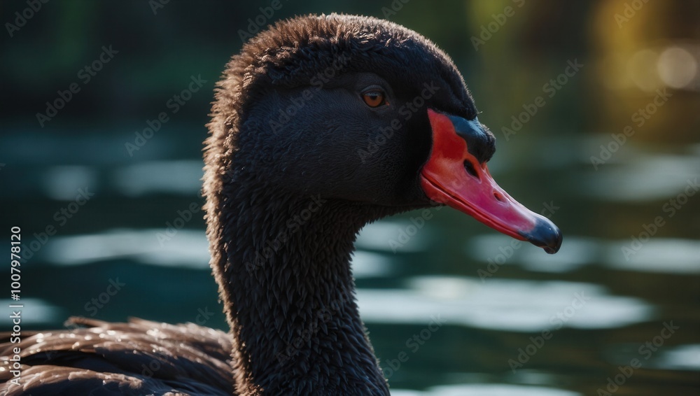 Fototapeta premium Black swan with orange bill, floating on calm water in profile view