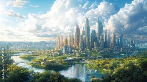 A vibrant futuristic cityscape intertwined with lush wildlife, showcasing harmony, innovation, and natures beauty