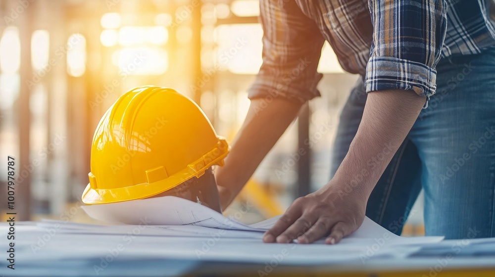 Construction worker reviewing blueprints with hard hat nearby Construction worker reviewing blueprints with hard hat nearby