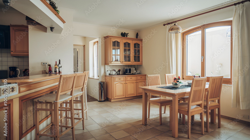Fototapeta premium Cozy and Functional Home Kitchen Interior with Bar Counter and Dining Furniture