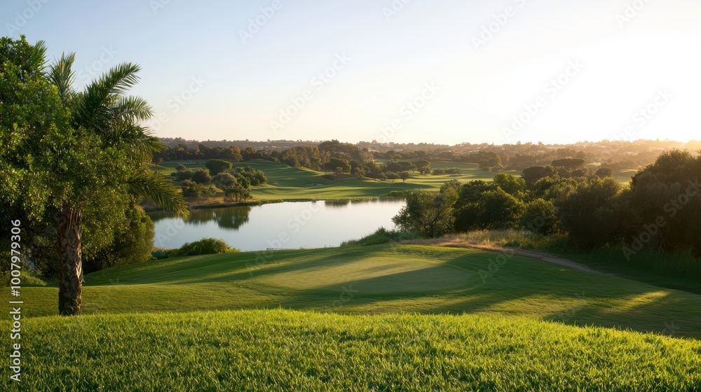 Serene Sunrise on Lush Golf Course with Rolling Hills and Calm Lake in Background Serene Sunrise on Lush Golf Course with Rolling Hills and Calm Lake in Background