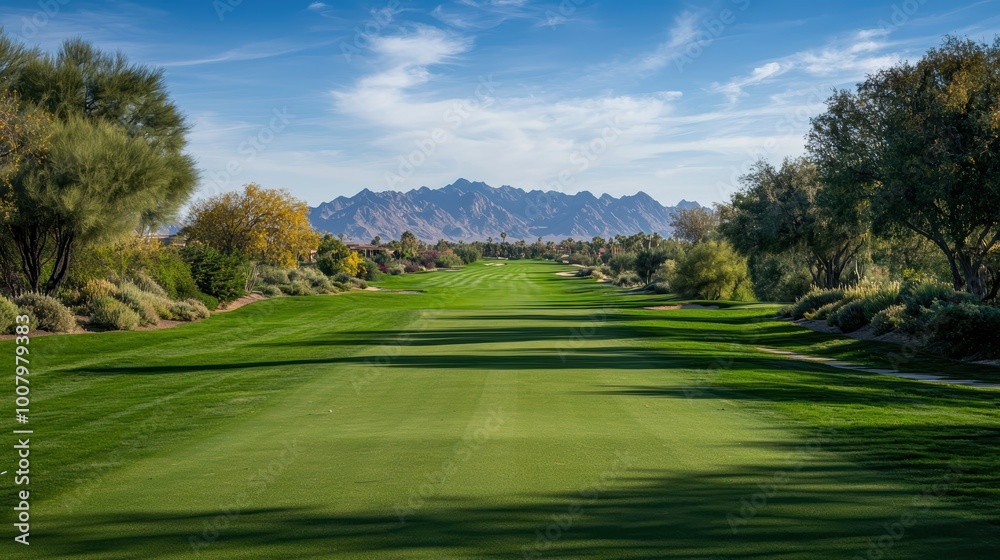 Golfer's View from Tee Box: Long Fairway with Majestic Mountain Background Golfer's View from Tee Box: Long Fairway with Majestic Mountain Background