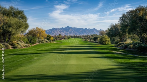 Golfer's View from Tee Box: Long Fairway with Majestic Mountain Background