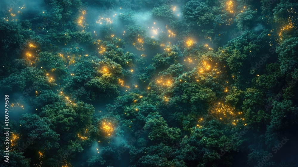 Fototapeta premium Aerial view of a lush forest illuminated by glowing satellites, merging nature with futuristic technology