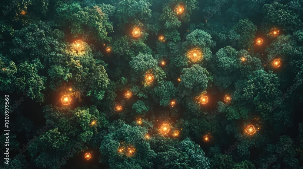 Aerial view of a lush forest illuminated by glowing satellites, merging nature with futuristic technology Aerial view of a lush forest illuminated by glowing satellites, merging nature with futuristic technology