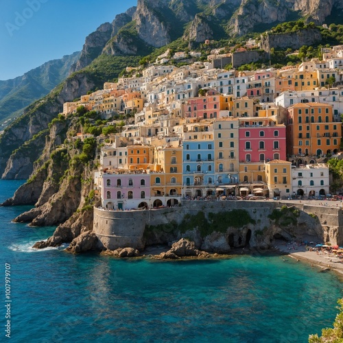 A picturesque view of Atrani town nestled on the cliffs of the famous Amalfi Coast in Italy. 