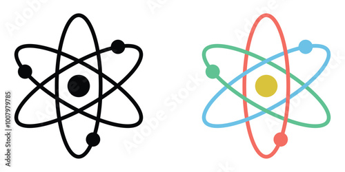 Atom vector icon set. Black and colorful Atom symbol. Nuclear physics. Three electrons rotate in orbits around the atomic nucleus.