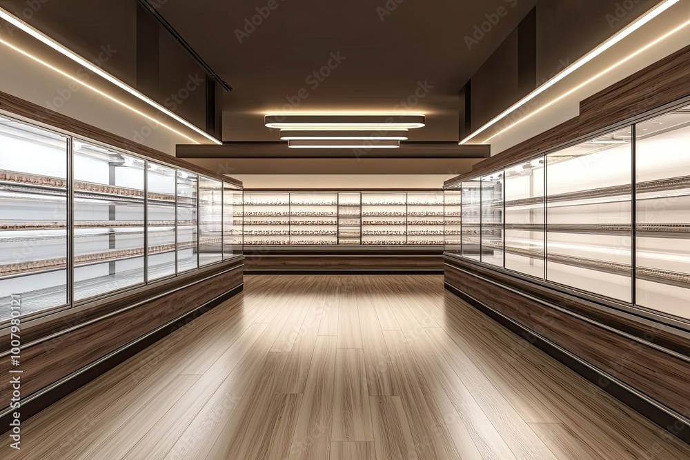 modern empty big refrigerator showcase in a brown and cream supermarket with elegant wooden floor modern empty big refrigerator showcase in a brown and cream supermarket with elegant wooden floor