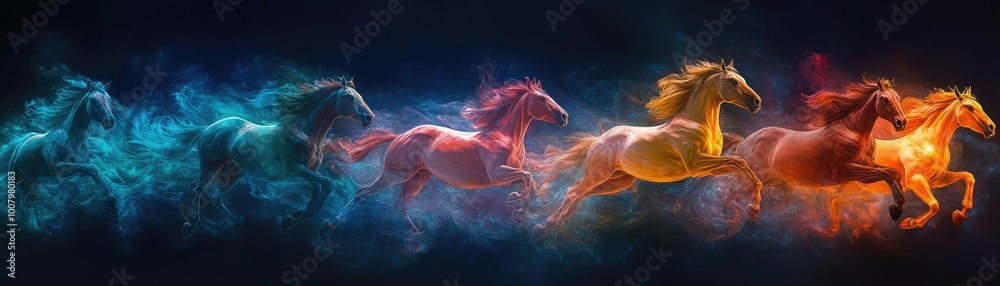 Aerial view of wild horses dancing in vibrant colors, innovative lighting casting dynamic shadows, artistic movement captured beautifully Aerial view of wild horses dancing in vibrant colors, innovative lighting casting dynamic shadows, artistic movement captured beautifully