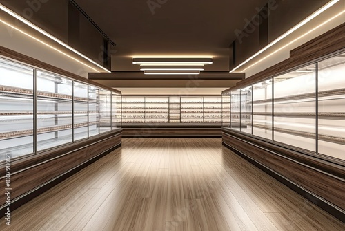 modern empty big refrigerator showcase in a brown and cream supermarket with elegant wooden floor 