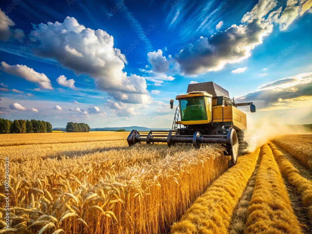 Fototapeta premium A harvester machine operates swiftly, gathering golden wheat from fertile fields under a bright blue sky, showcasing