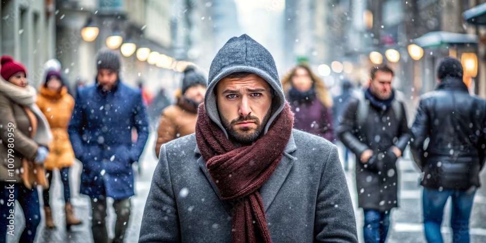 A person feels uneasy among the bustling crowd in a frigid urban environment, shivering under the biting cold A person feels uneasy among the bustling crowd in a frigid urban environment, shivering under the biting cold