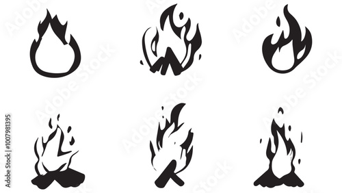 silhouette Cartoon campfire set in flat, black silhouette white background
