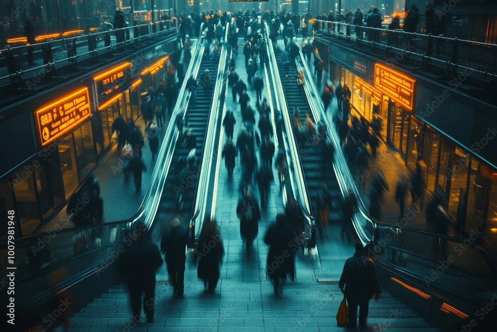 Obraz premium A bustling crowd of people moving up and down escalators in a modern train station, with a blurred motion effect.