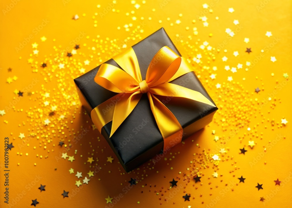 A vibrant yellow background features a black Christmas gift box adorned with a cheerful yellow ribbon and playful A vibrant yellow background features a black Christmas gift box adorned with a cheerful yellow ribbon and playful
