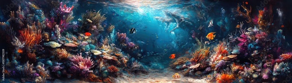 Fototapeta premium Enchanted underwater garden, vibrant marine life intertwined with gourmet dishes, surreal colors, breathtaking composition