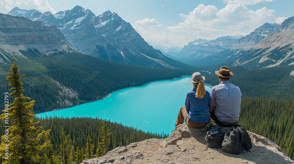 Fototapeta premium Couple enjoying breathtaking views at Peyto Lake on National Hiking Day in the Canadian Rockies