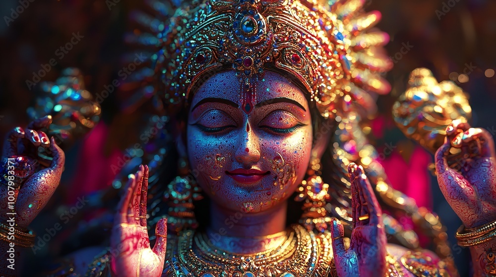 Close-up of a Delicate and Colorful Hindu Deity Sculpture Close-up of a Delicate and Colorful Hindu Deity Sculpture