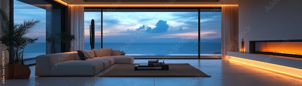 Fototapeta premium High-angle view of a minimalist living space adorned with futuristic technology, soft ambient lighting, clean lines, and earthy tones, showcasing serene simplicity
