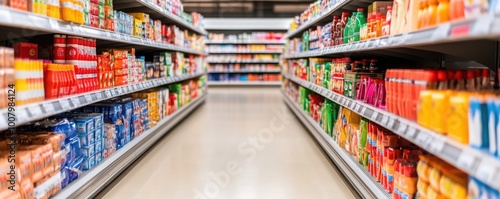 Aisle of a grocery store with colorful packaged products on shelves, bright lighting, and a clean floor.