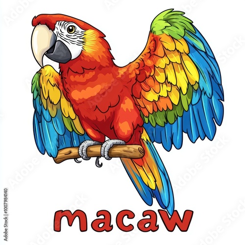 Colorful illustration of a majestic macaw parrot perched on a branch, ideal for educational materials, children's stories, and nature-themed designs photo