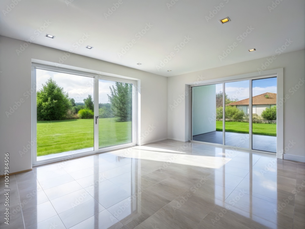 Fototapeta premium Bright and Spacious Empty White Room with Glass Door and Sliding Window in Modern Residential Home