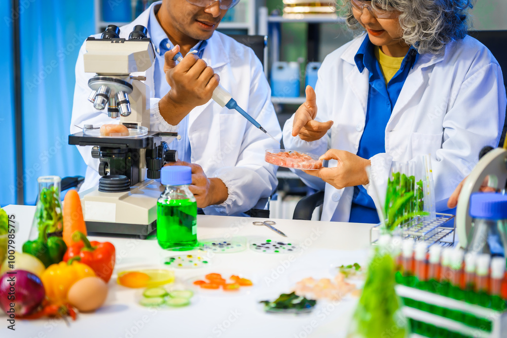 A reliable middle-aged Asian male researcher collaborates with experienced gray-haired elderly Asian female nutritionist in laboratory, food ingredients, extracts, their impact on nutrition health. A reliable middle-aged Asian male researcher collaborates with experienced gray-haired elderly Asian female nutritionist in laboratory, food ingredients, extracts, their impact on nutrition health.