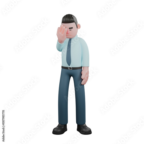 3D Fiscal Character. A male financial analyst is standing with his right hand holding his forehead while his left hand is on his waist. Male Financial Analyst Illustration