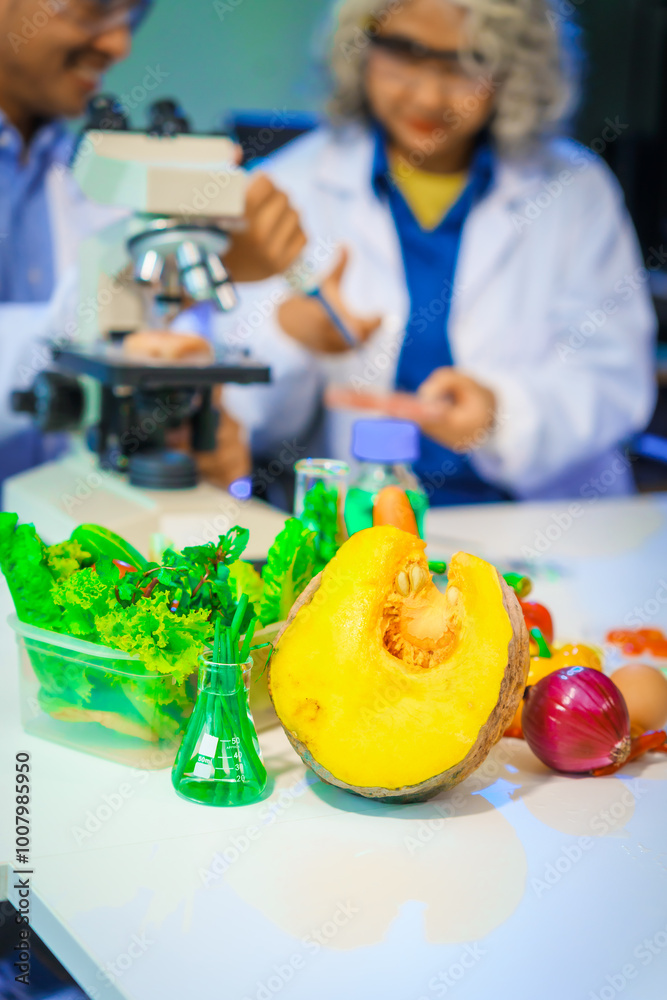 A reliable middle-aged Asian male researcher collaborates with experienced gray-haired elderly Asian female nutritionist in laboratory, food ingredients, extracts, their impact on nutrition health. A reliable middle-aged Asian male researcher collaborates with experienced gray-haired elderly Asian female nutritionist in laboratory, food ingredients, extracts, their impact on nutrition health.