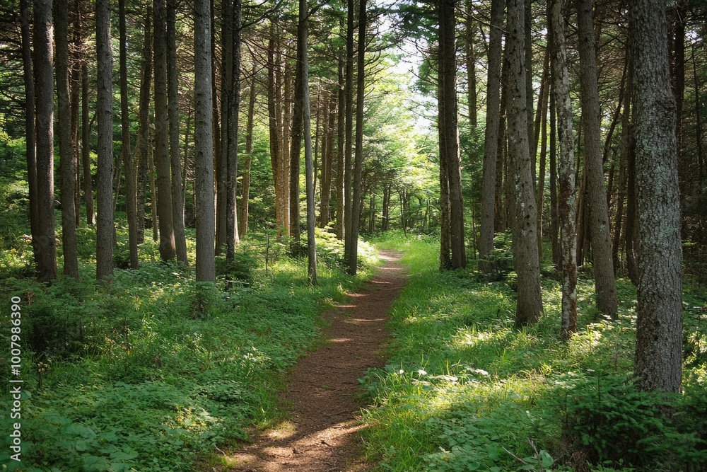 Obraz premium A Forest Path Winding Through Tall Trees