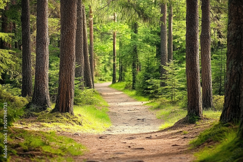 Obraz premium Path Through a Lush Green Forest with Tall Trees