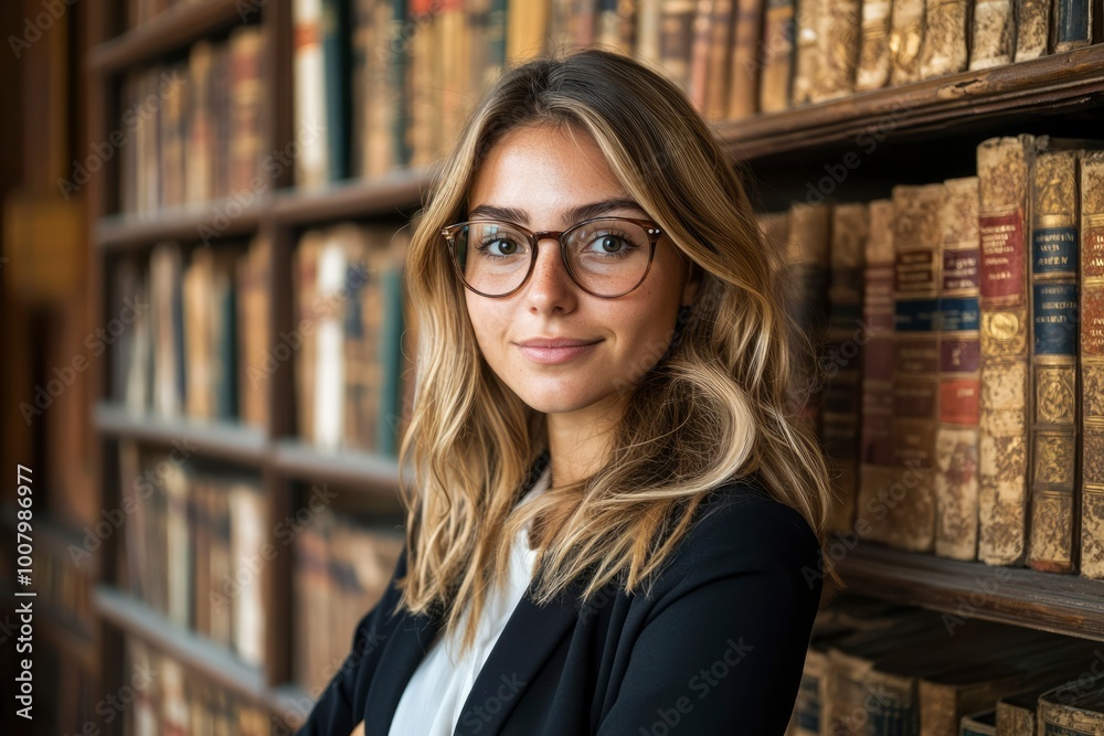Blonde Woman in Glasses Standing in a Library with Bookshelves Blonde Woman in Glasses Standing in a Library with Bookshelves