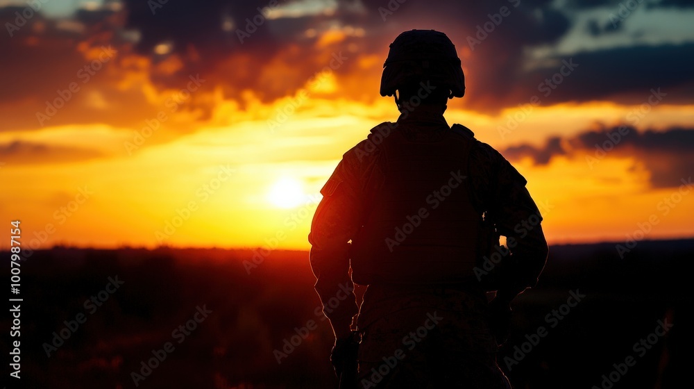 A soldier's silhouette against a stunning sunset, blending military strength with the beauty of nature. This powerful image symbolizes courage and resilience in harmony with the environment A soldier's silhouette against a stunning sunset, blending military strength with the beauty of nature. This powerful image symbolizes courage and resilience in harmony with the environment