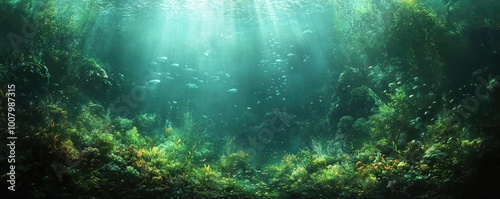 Majestic underwater gardens, schools of glowing fish, towering kelp forests, hints of ancient shipwrecks, fantasy world awaits