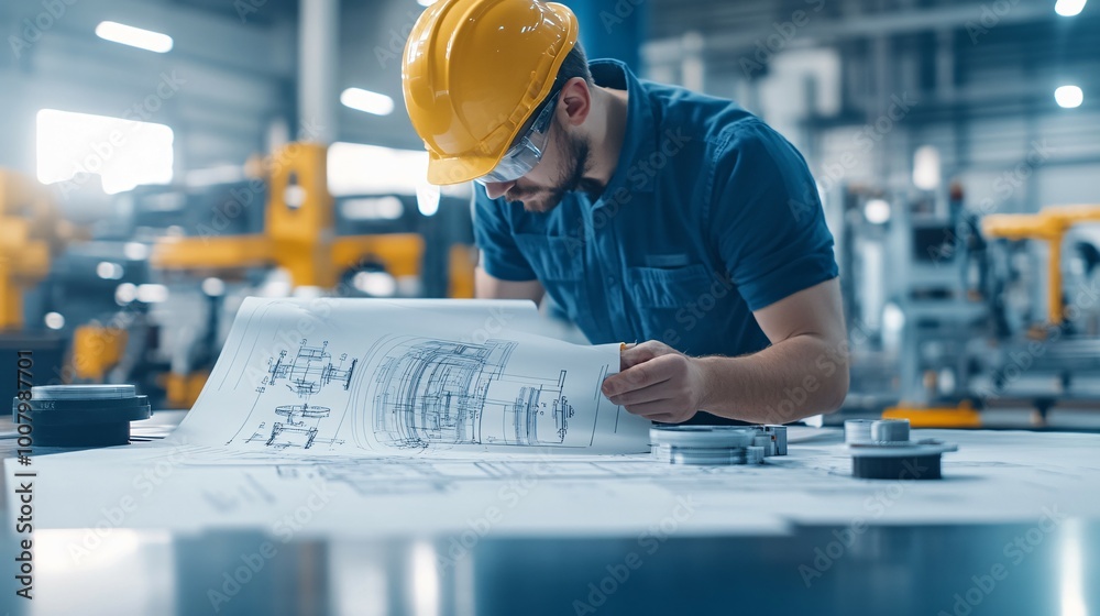 Engineer in a Factory Reviewing a Blueprint of a Machine Component Engineer in a Factory Reviewing a Blueprint of a Machine Component