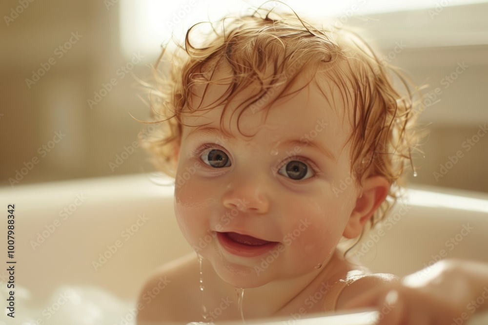A cheerful baby with curly hair smiles in a bath, surrounded by bubbles and bright light, radiating joy and innocence.
