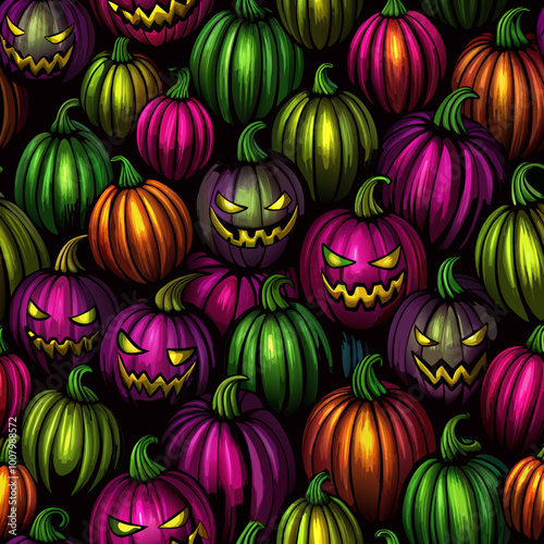 Seamless pattern of bright multicolored pumpkin halloween vector image, minimal horror style
 photo