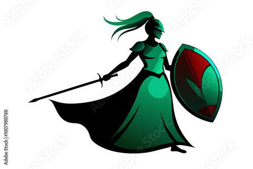 Warrior woman with sword and shield vector image, isolated on white background
