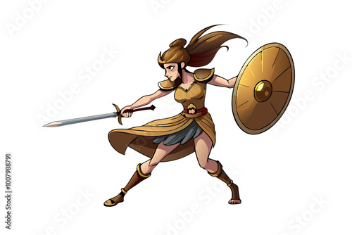 Warrior woman with sword and shield vector image, isolated on white background
