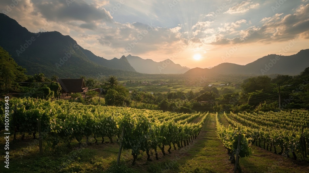 Fototapeta premium A beautiful sunset view at the vineyards in Wang Nam Khiao, with grapevines glowing in the evening light.